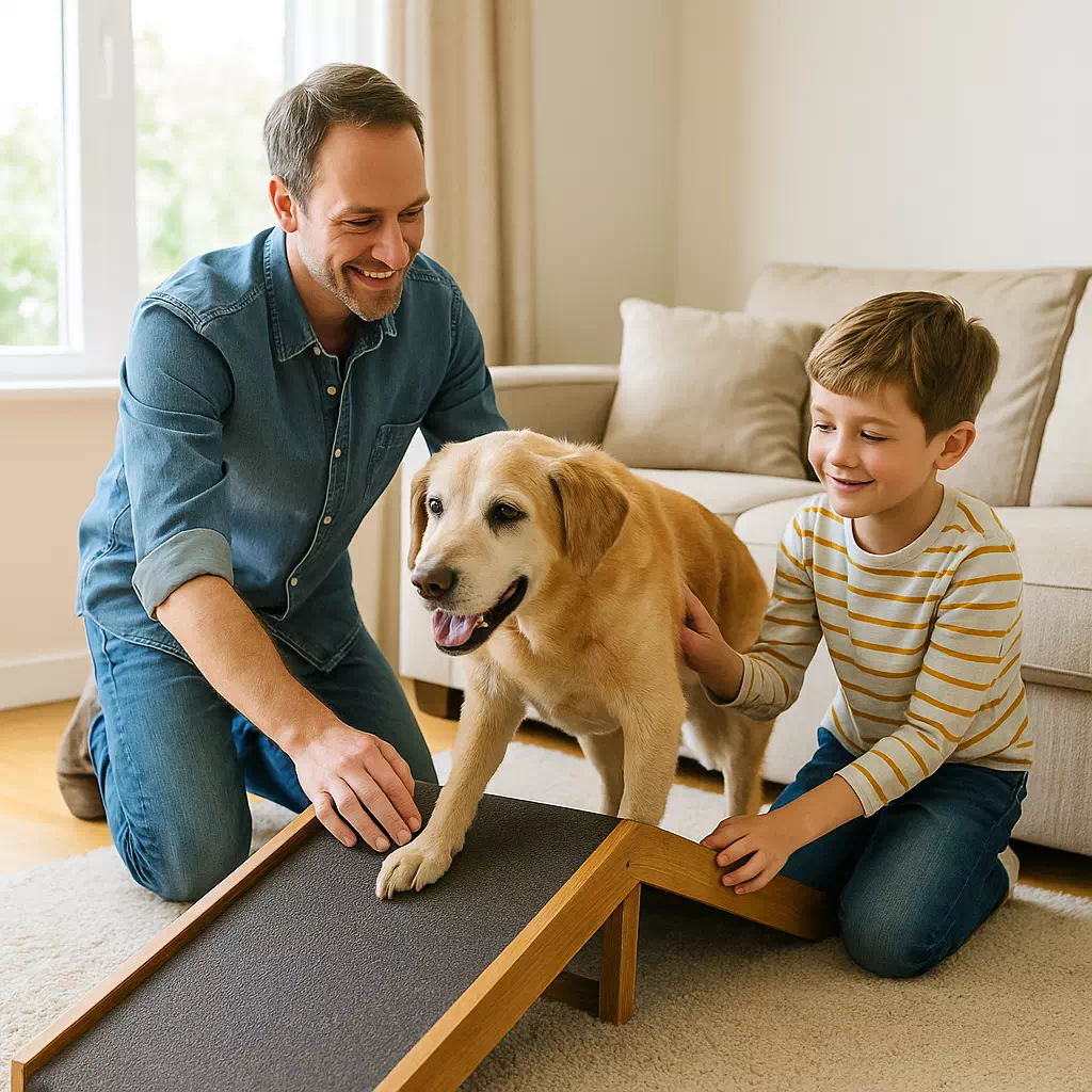 Famille installant une rampe pour chien