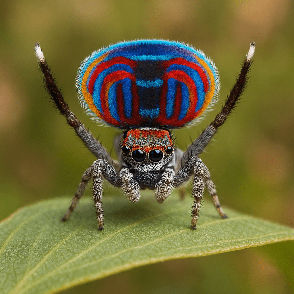 Araignée-paon déployant ses pattes colorées