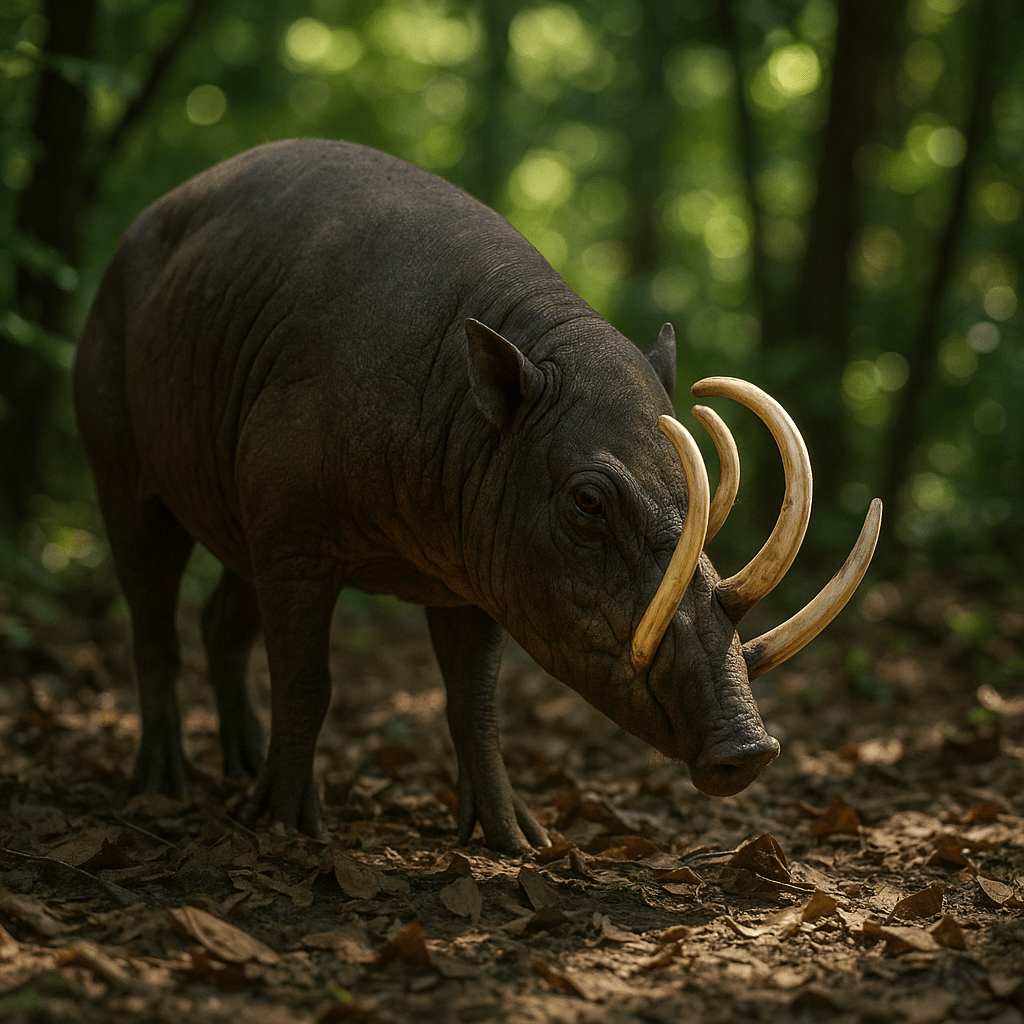 Babiroussa avec ses défenses traversant le crâne