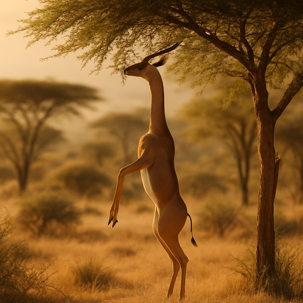 Gerenuk debout sur ses pattes arrière broute des feuilles