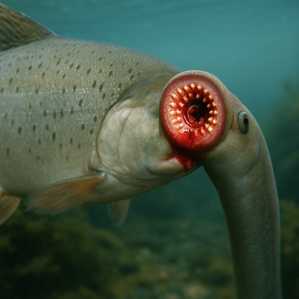 Lamproie fixée à un poisson par succion