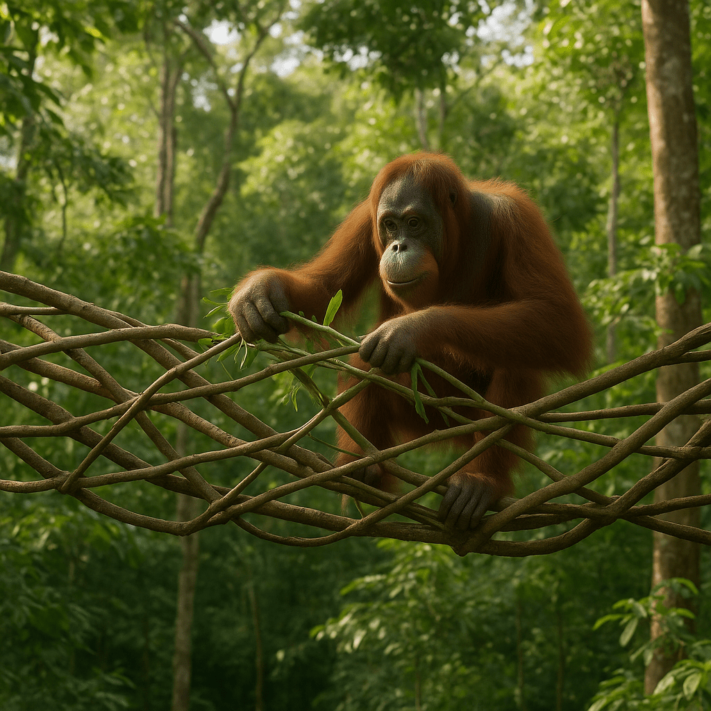 Orang-outan manipulant un outil artisanal dans la jungle