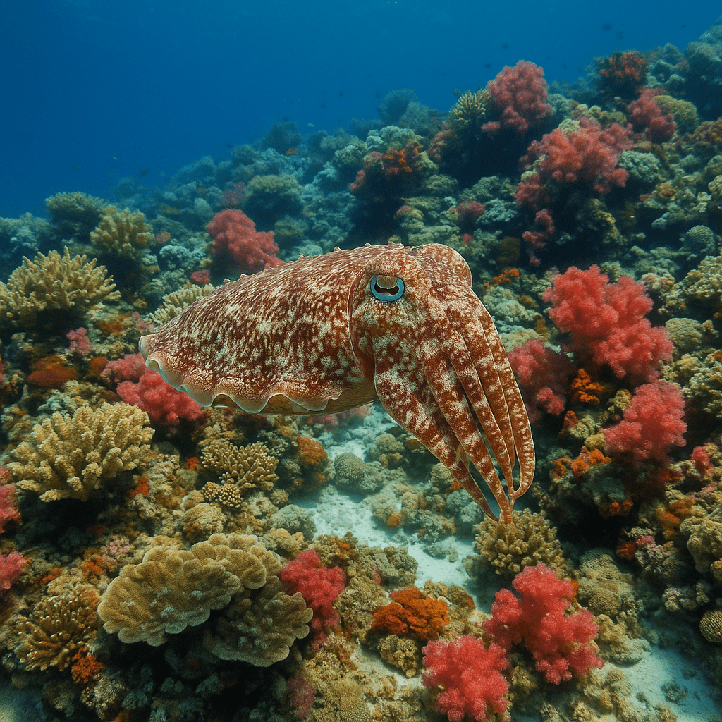 Seiche camouflée sur un récif