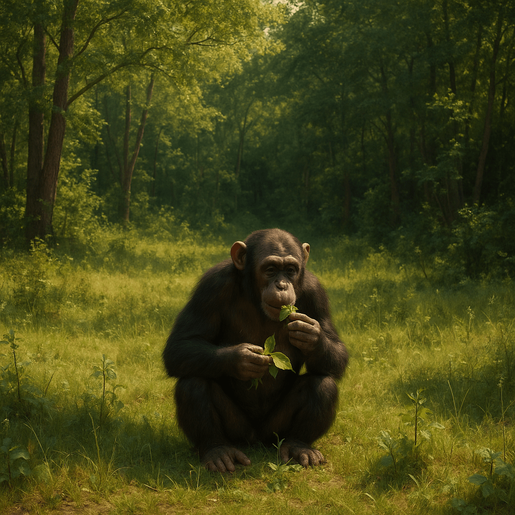 Chimpanzé consommant des feuilles médicinales