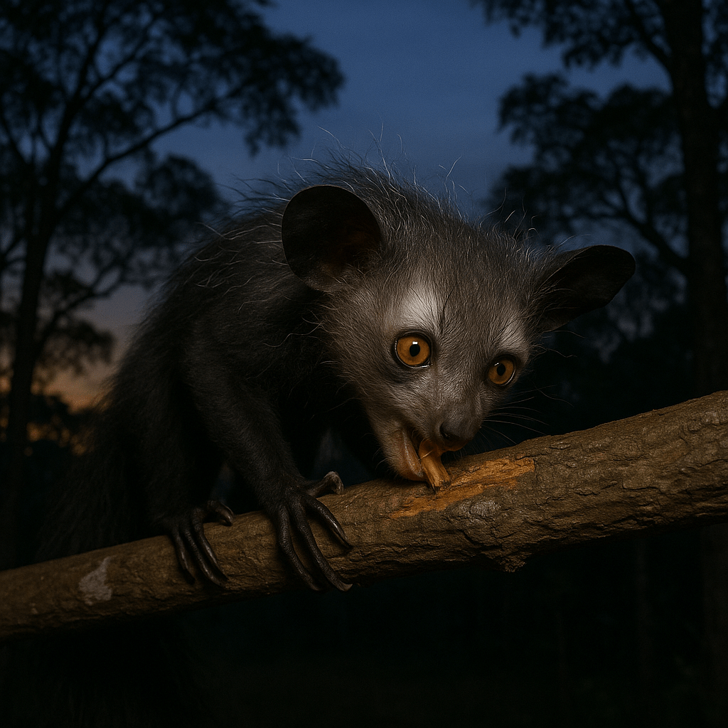 Un aye-aye grimpant sur un arbre la nuit