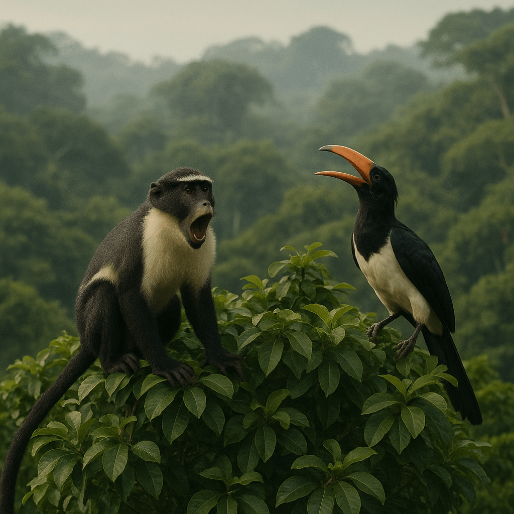 Singe Diane et Calao interagissant