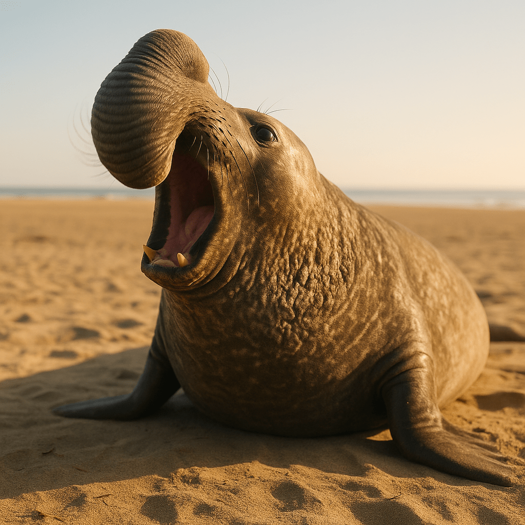 Éléphant de mer allongé sur le sable, montrant son long museau