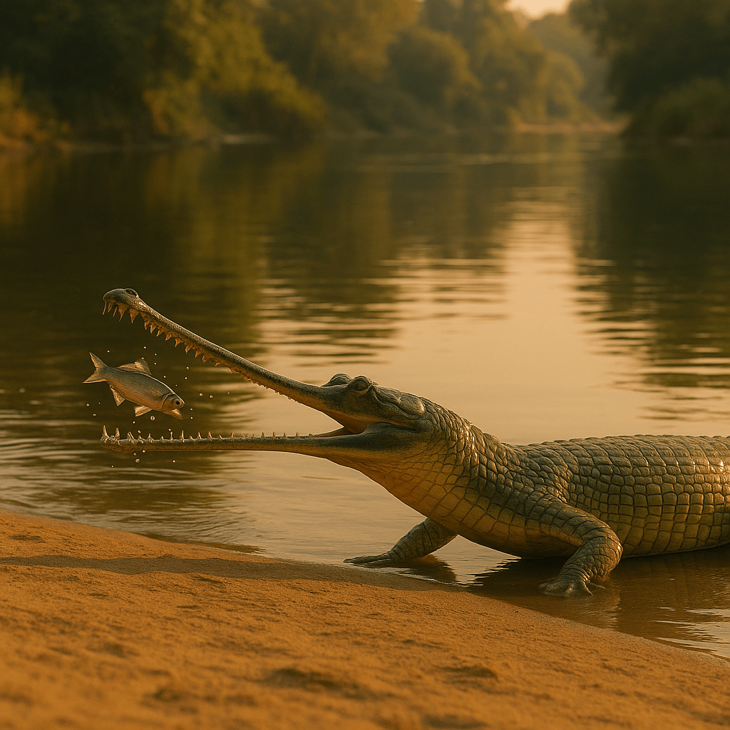 Gharial chassant dans l'eau