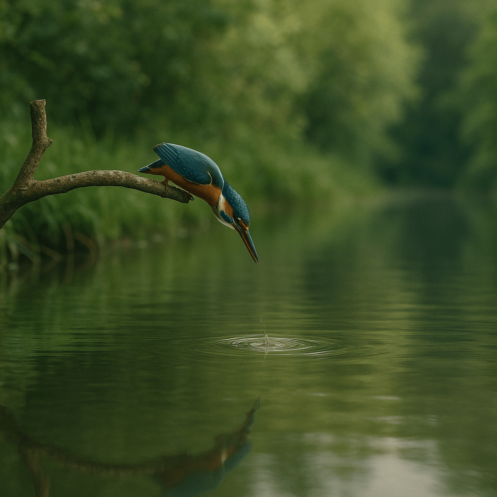 Martin-pêcheur plongeant pour attraper un poisson