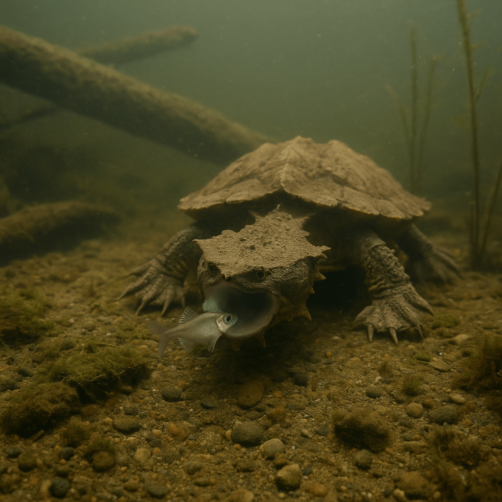 Tortue Matamata aspirant des poissons