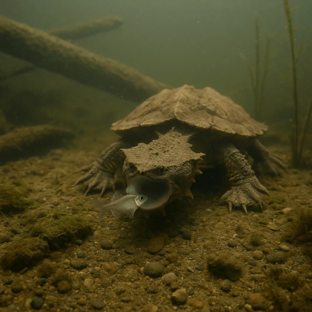 Tortue Matamata aspirant des poissons