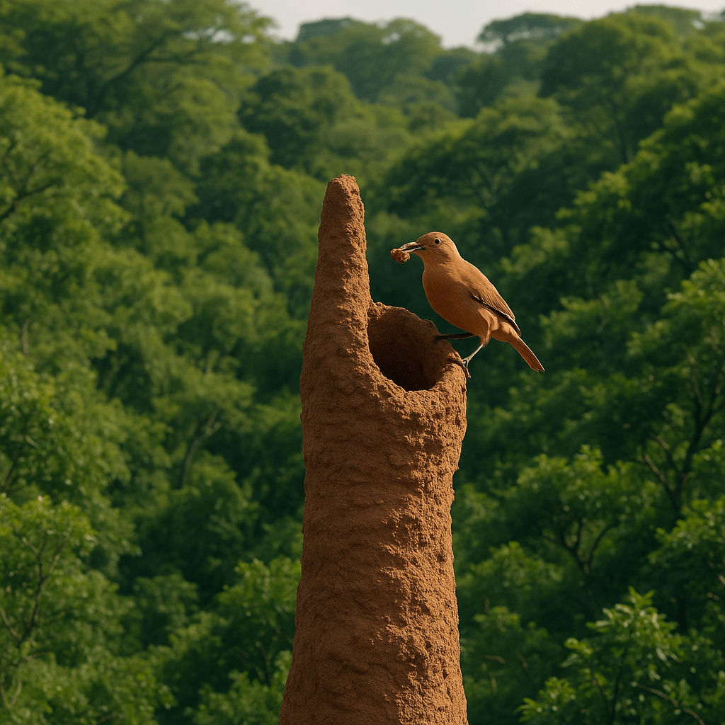 Oiseau-bâtisseur construisant sa tour d’argile