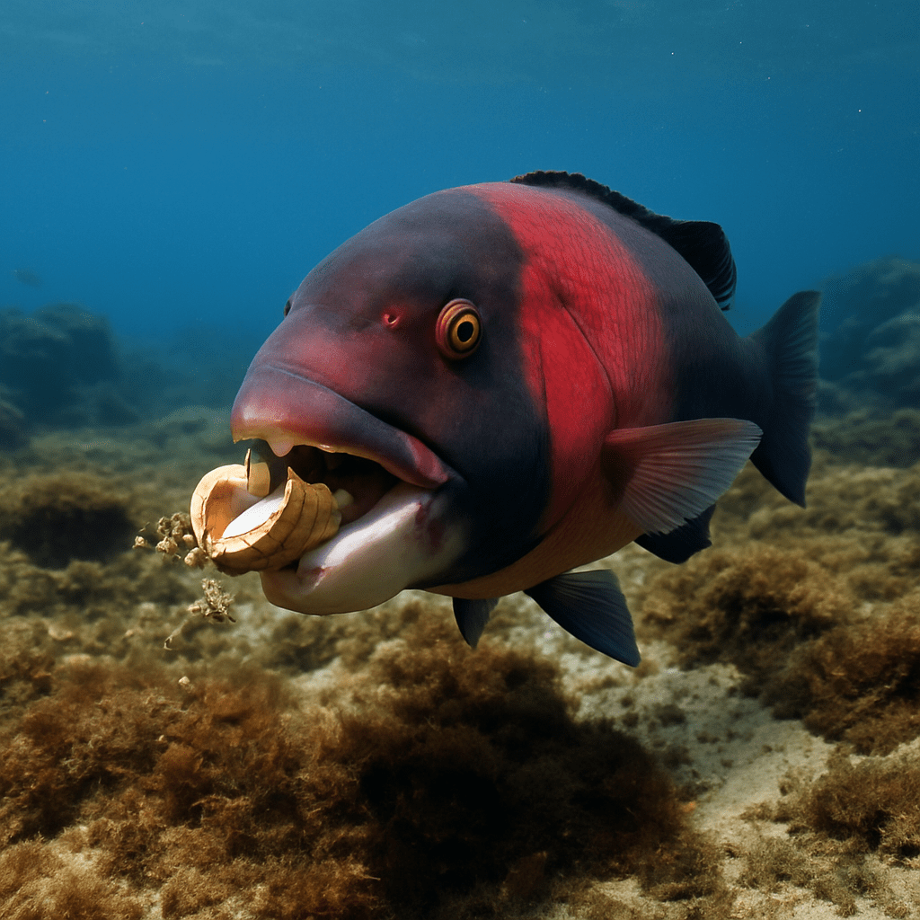 Loup de mer à tête de mouton brisant une coquille