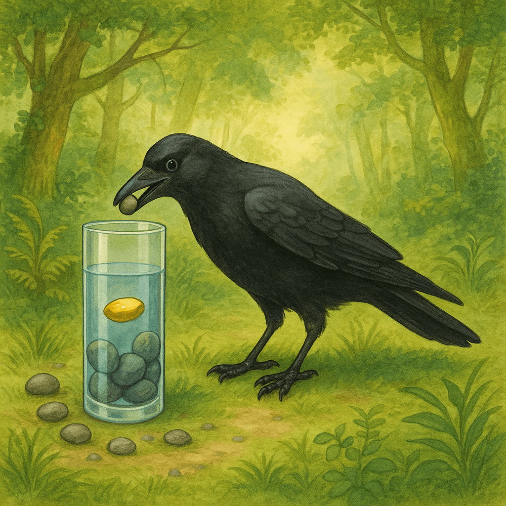 Corbeau observant une expérience de physique de l'eau