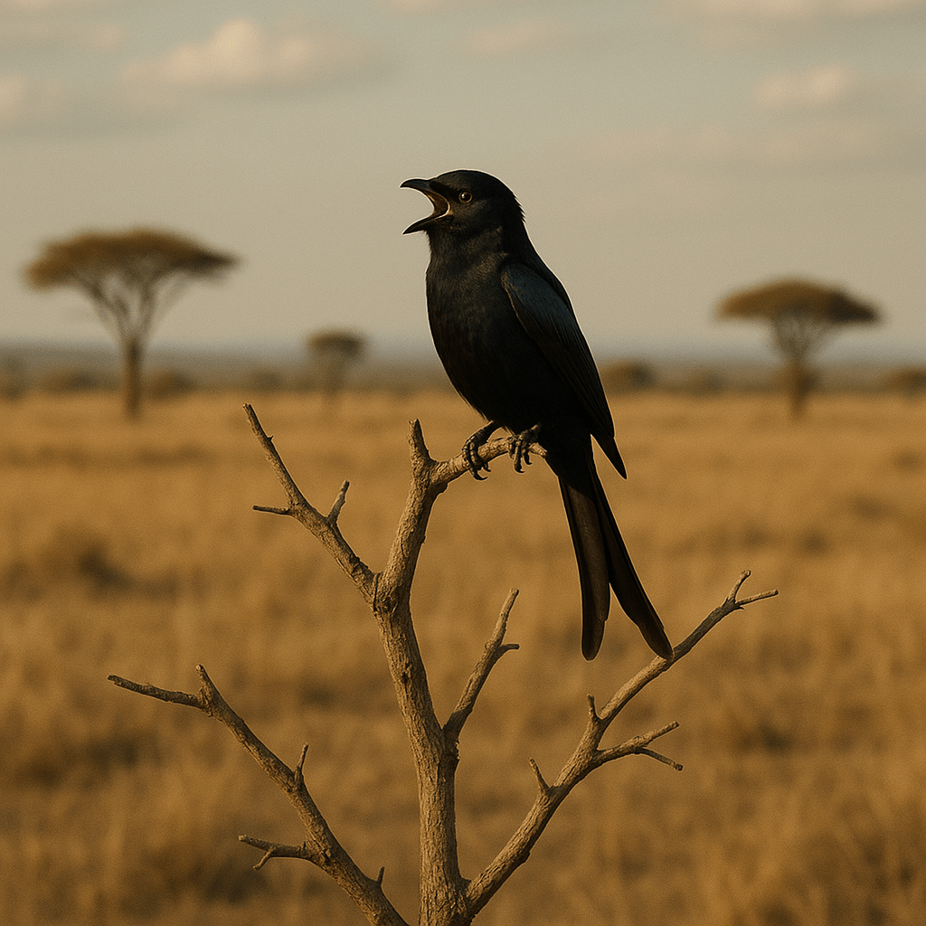 Drongo perché sur une branche imitant un cri
