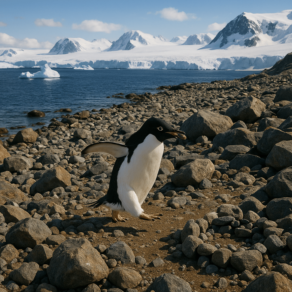 Manchot Adélie tenant un caillou dans son bec