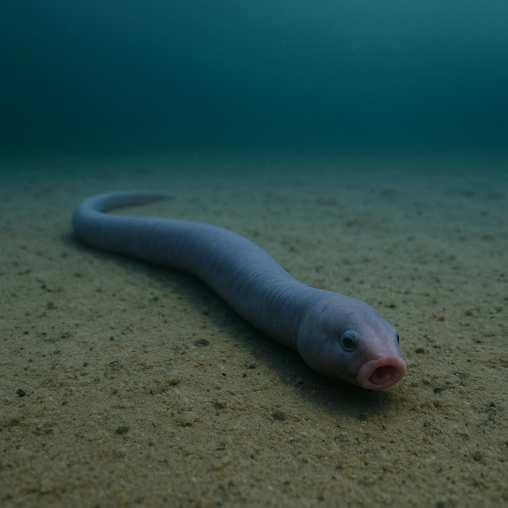 Myxine en gros plan montrant la tête et son mucus