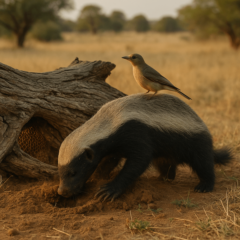 Blaireau à miel et oiseau guide explorant une ruche