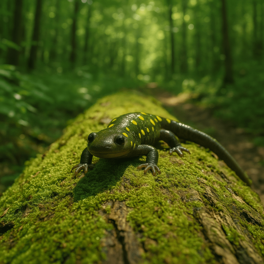 Gros plan sur une salamandre tachetée exposée au soleil