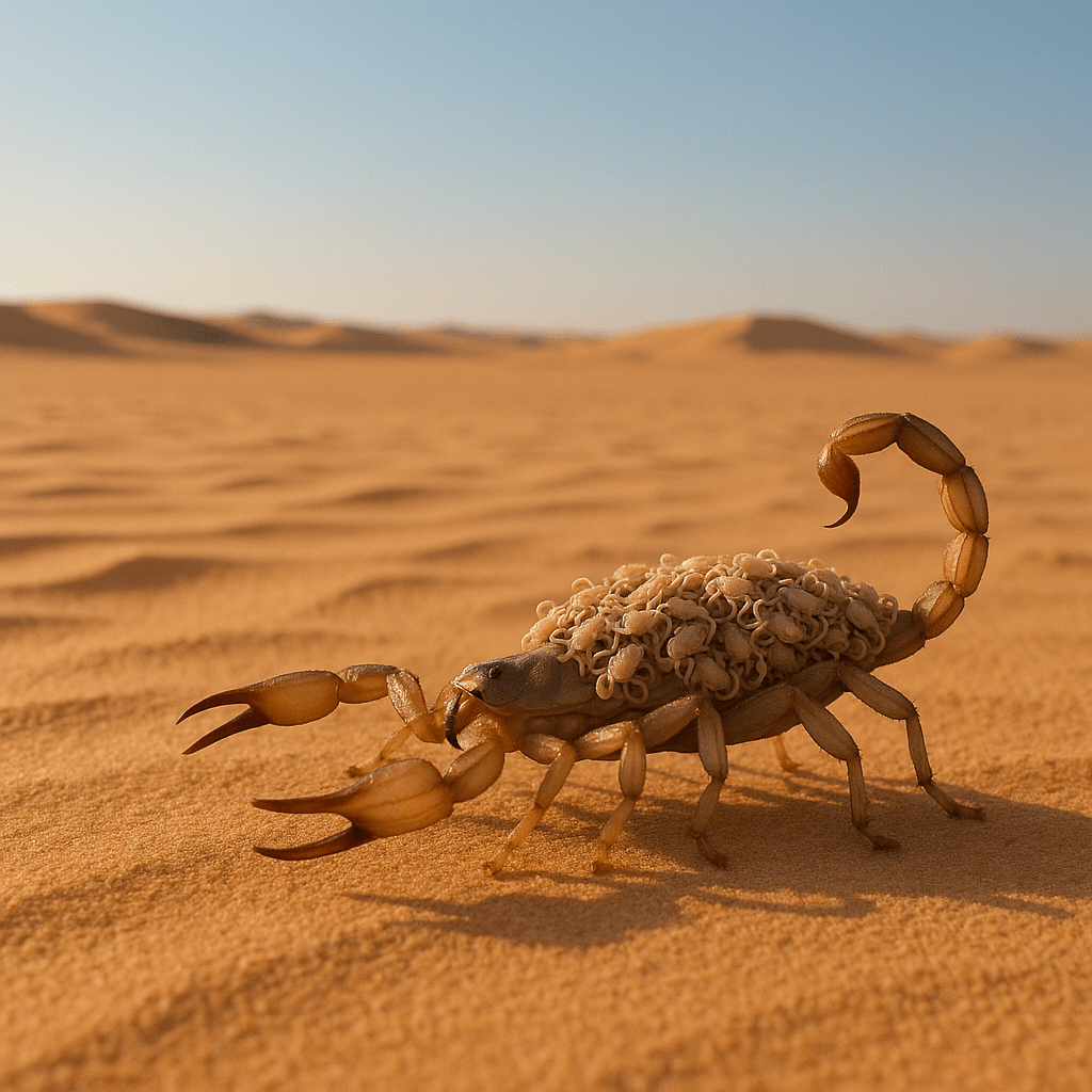 Mère scorpion portant ses petits sur son dos