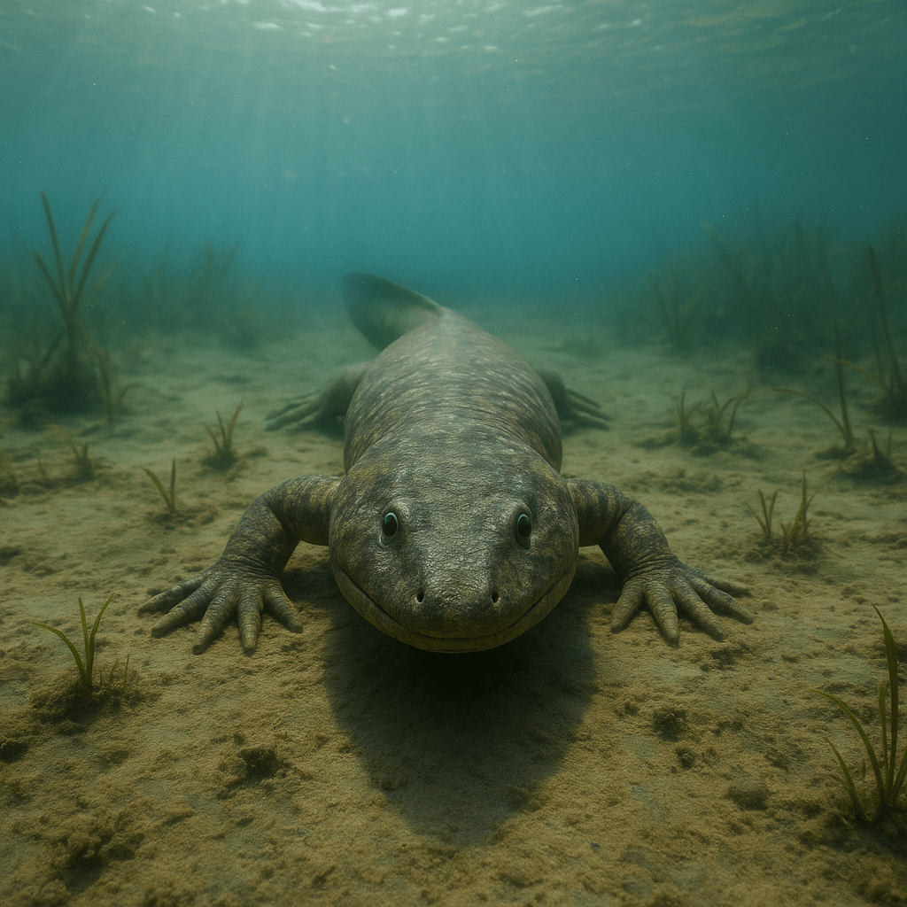 Acanthostega nageant avec ses pattes lobées