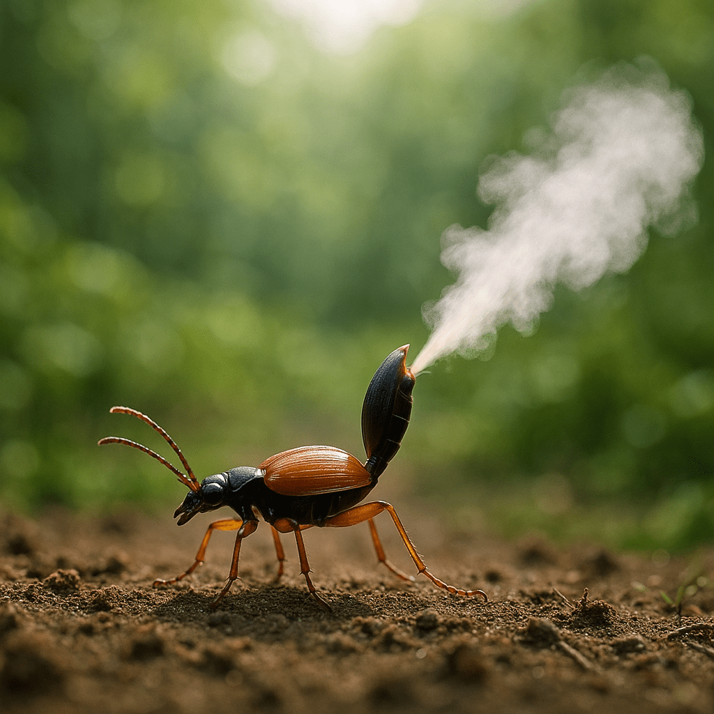 Coléoptère bombardier projetant son spray chimique