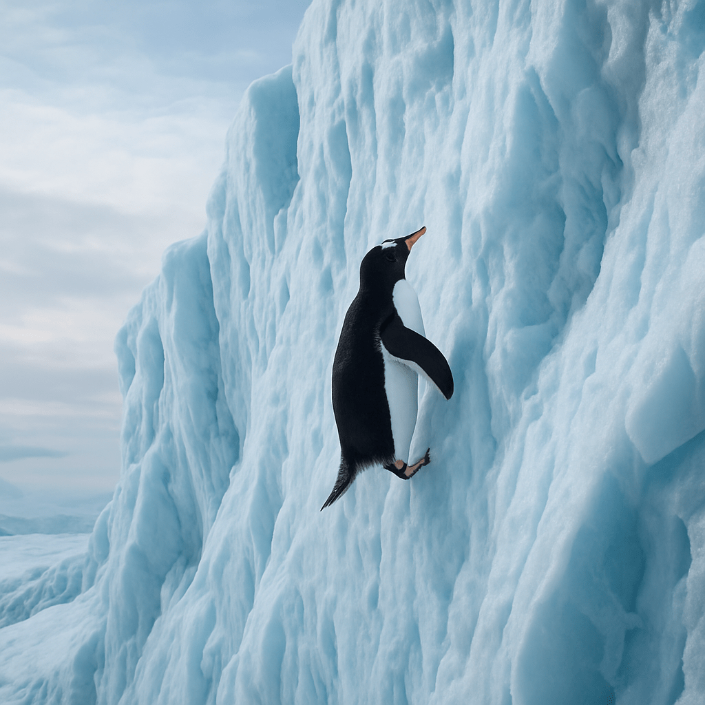 Gorfou manchot escaladant une falaise