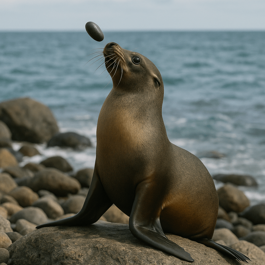 Otarie jongle des pierres