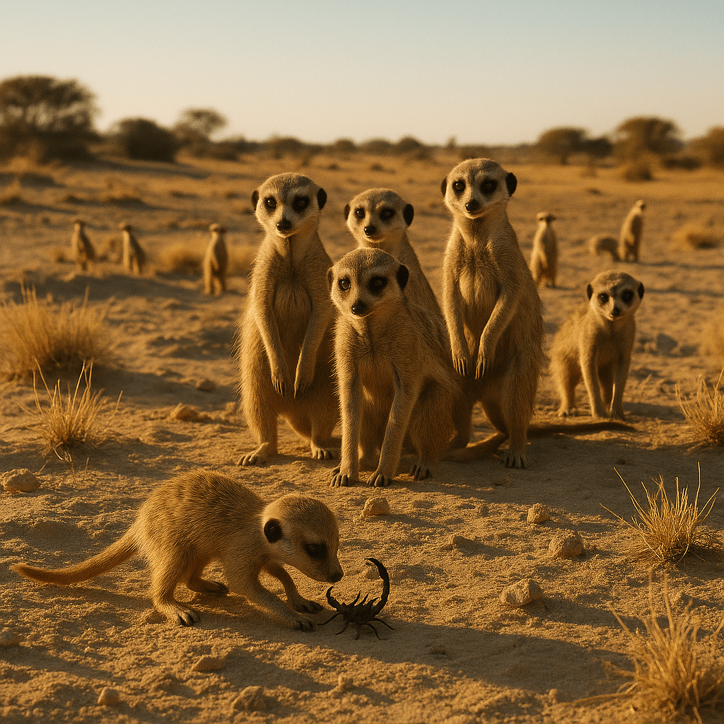 Suricate debout dans le désert, la queue dressée en sentinelle
