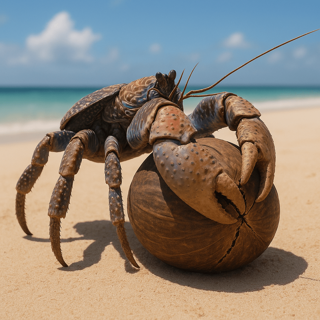Crabe de cocotier cassant une noix de coco