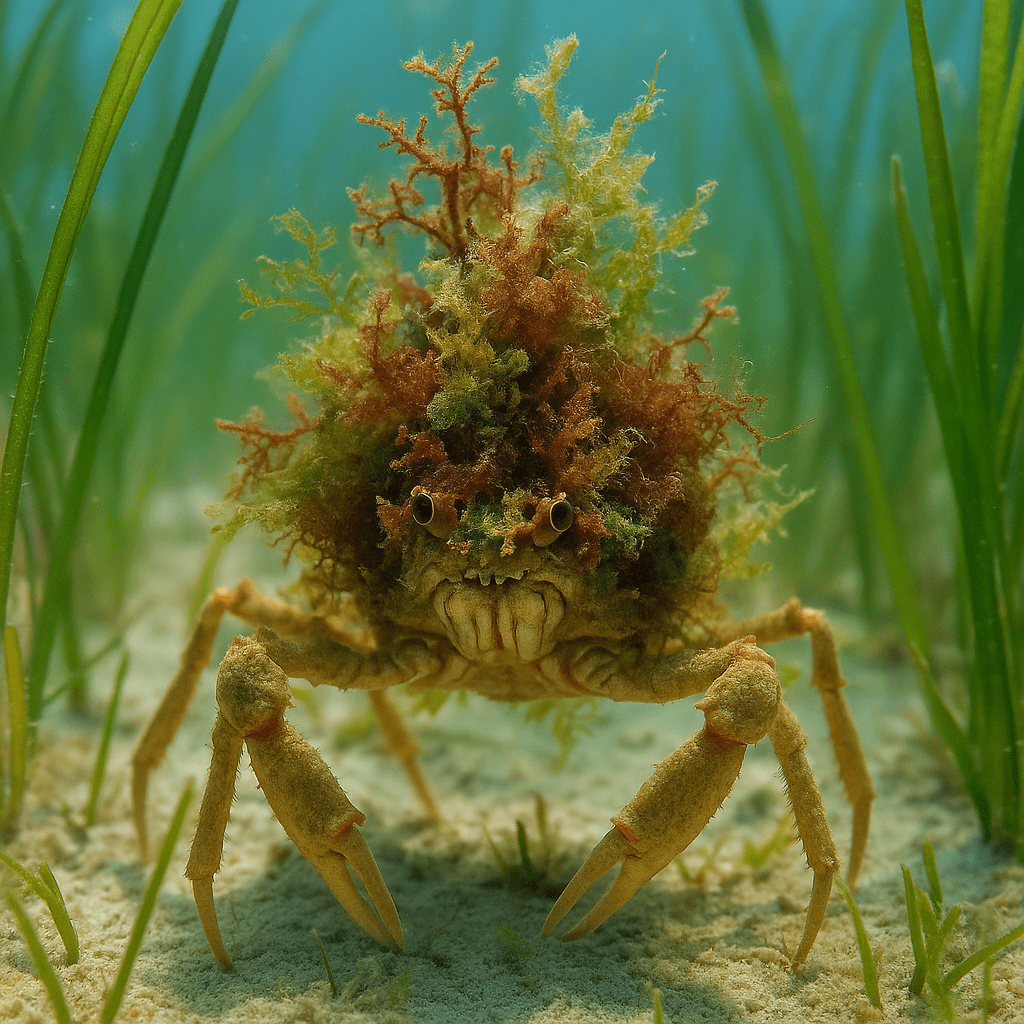 Crabe décorateur recouvert d’algues
