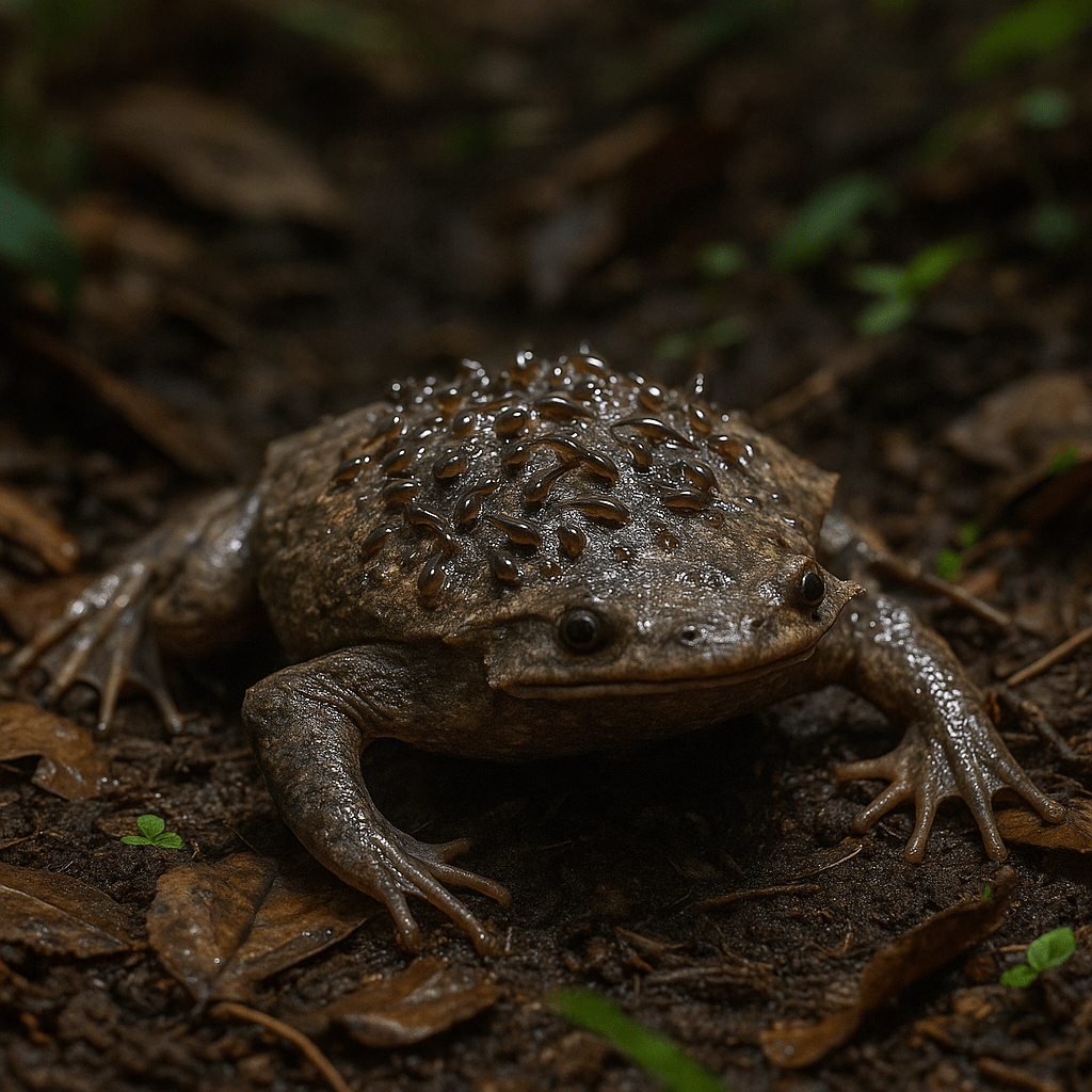 Jeunes crapauds du Suriname sortant du dos de leur mère
