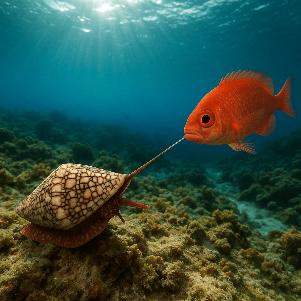 Escargot conique en chasse sur fonds sableux