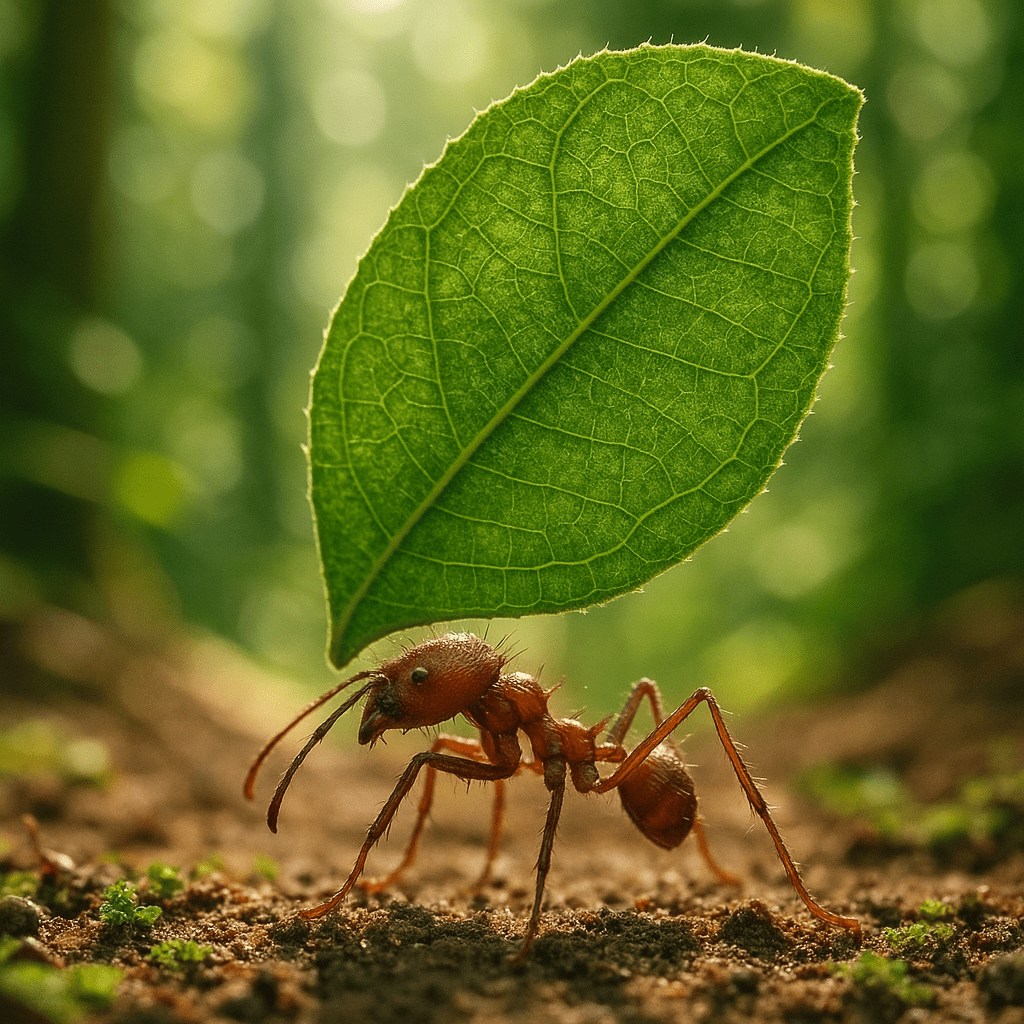 Fourmi coupe-feuille transportant une feuille