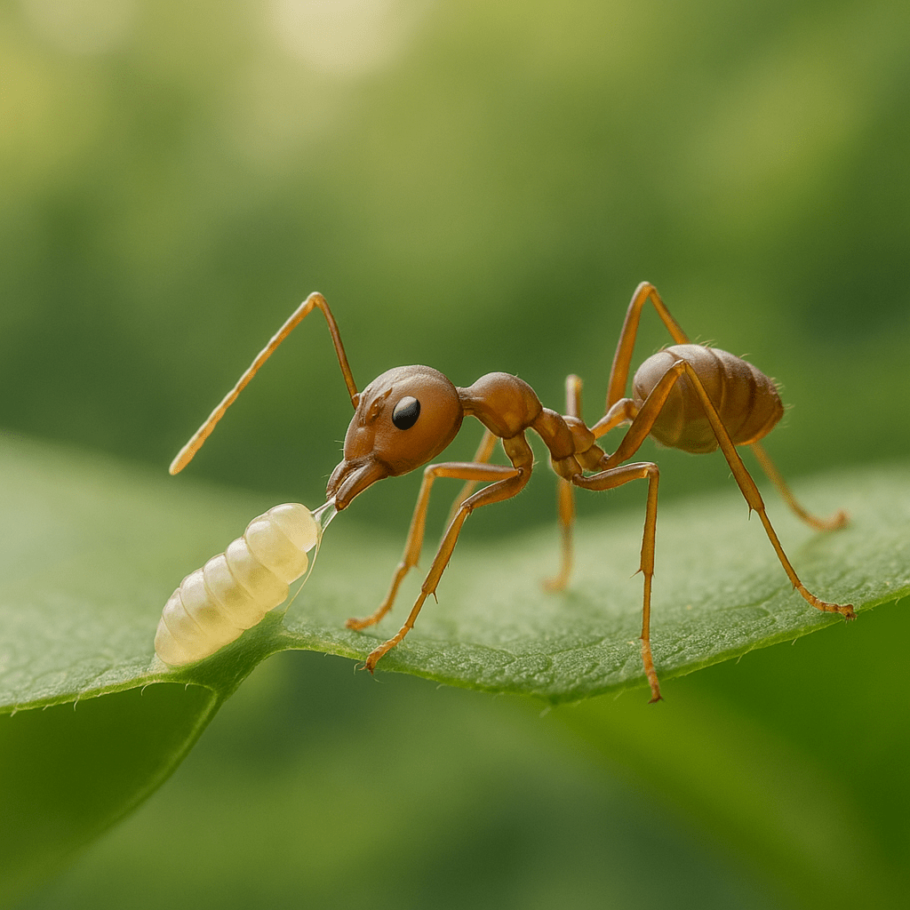 Larve de fourmi tisserande projetant de la colle pour assembler les fibres