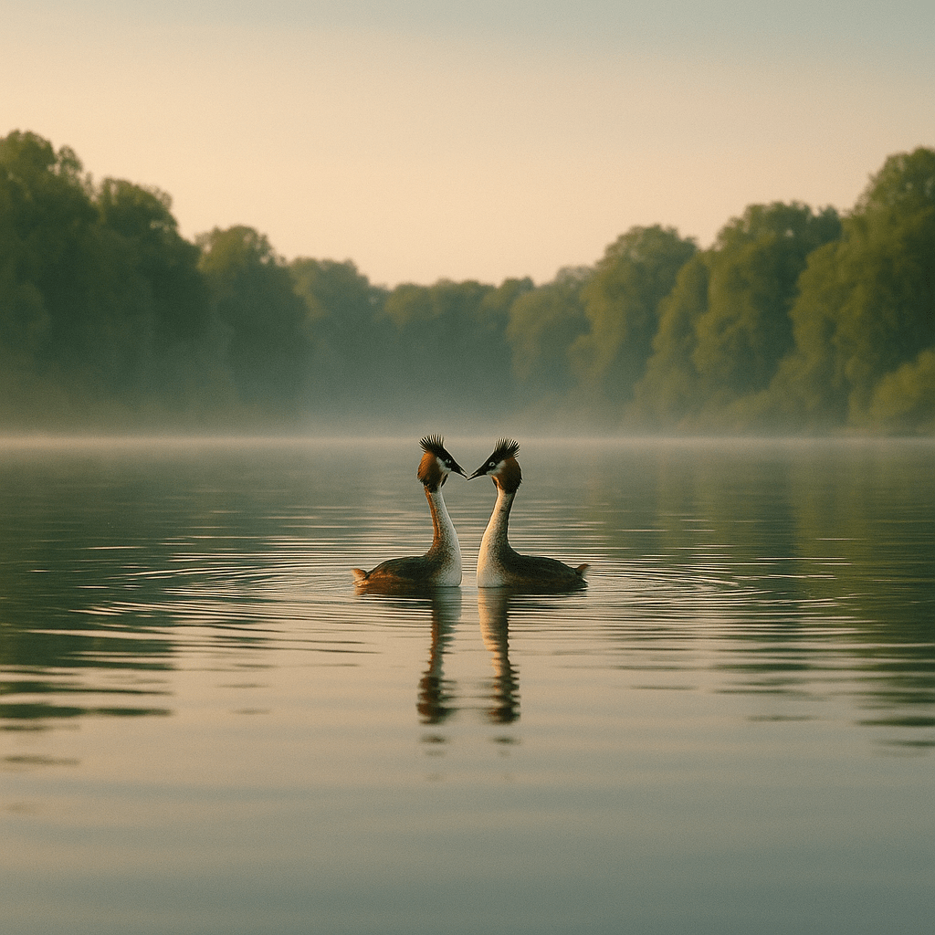 Grèbe huppé en parade nuptiale