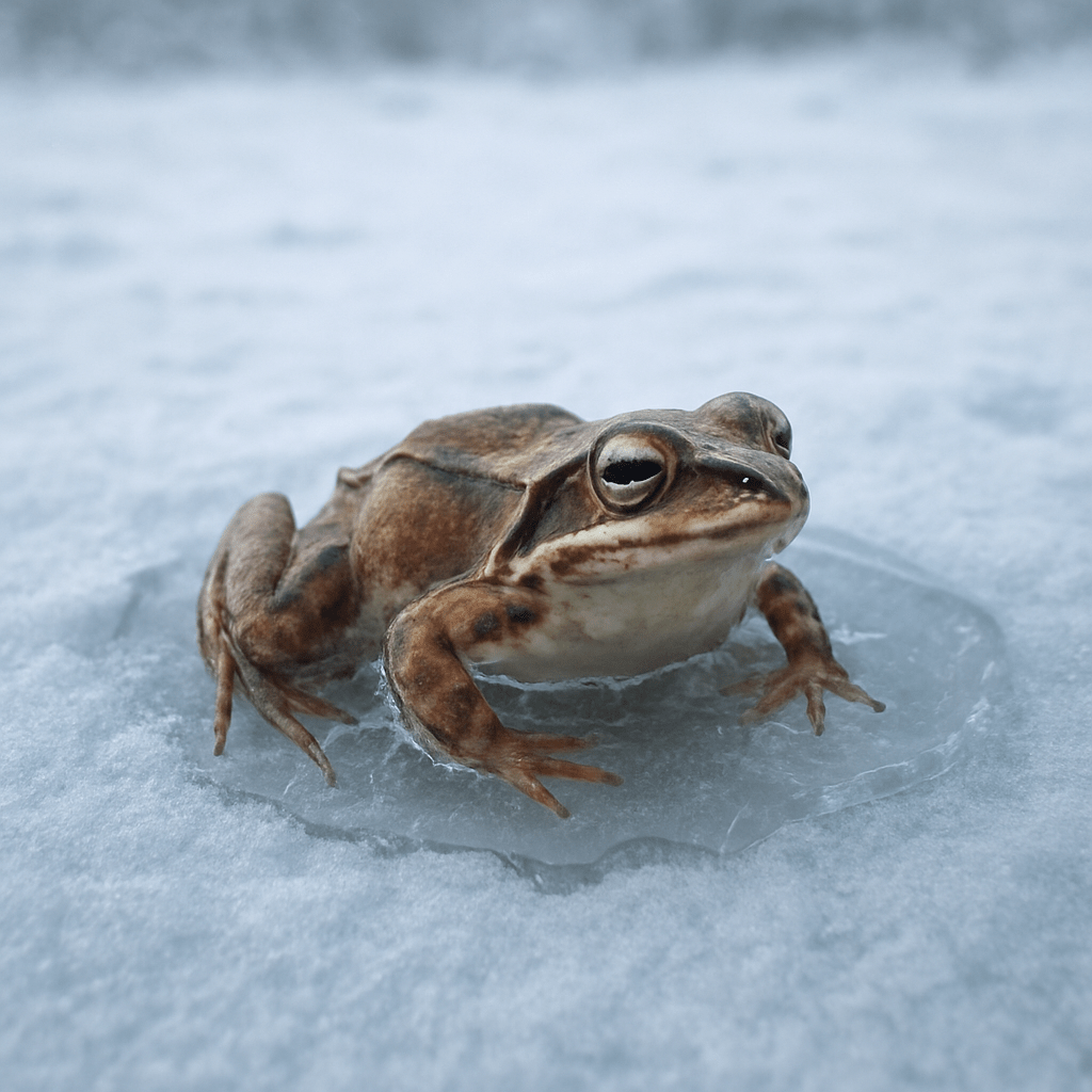 Grenouille des bois gelée sur une feuille enneigée