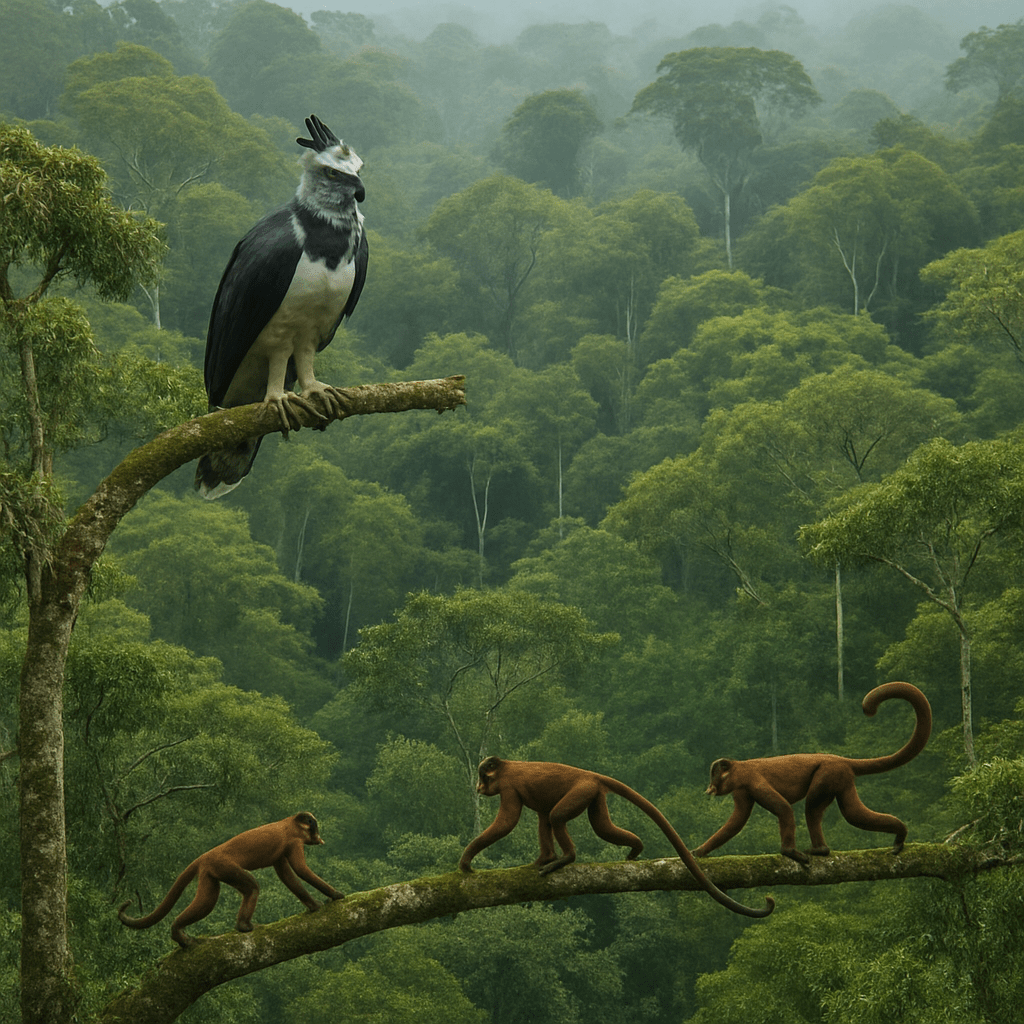 Harpie féroce en plein vol dans la forêt tropicale