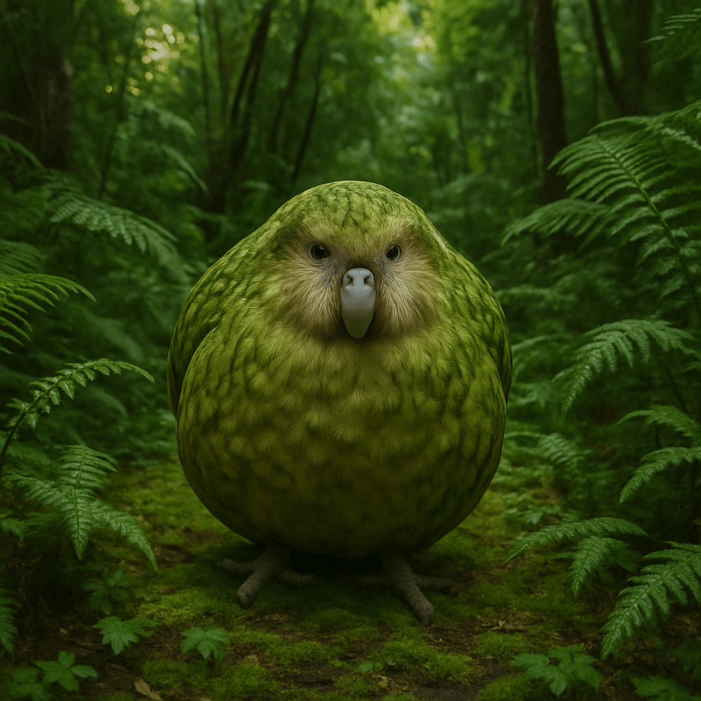 Le kakapo perché sur une branche, illustrant son embonpoint et son incapacité à voler