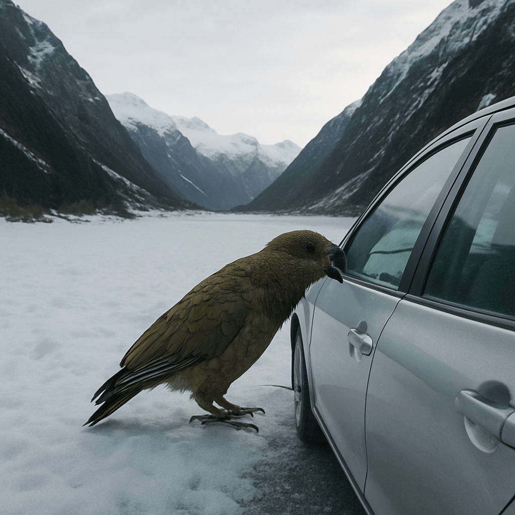 Kéa grignotant une voiture en montagne