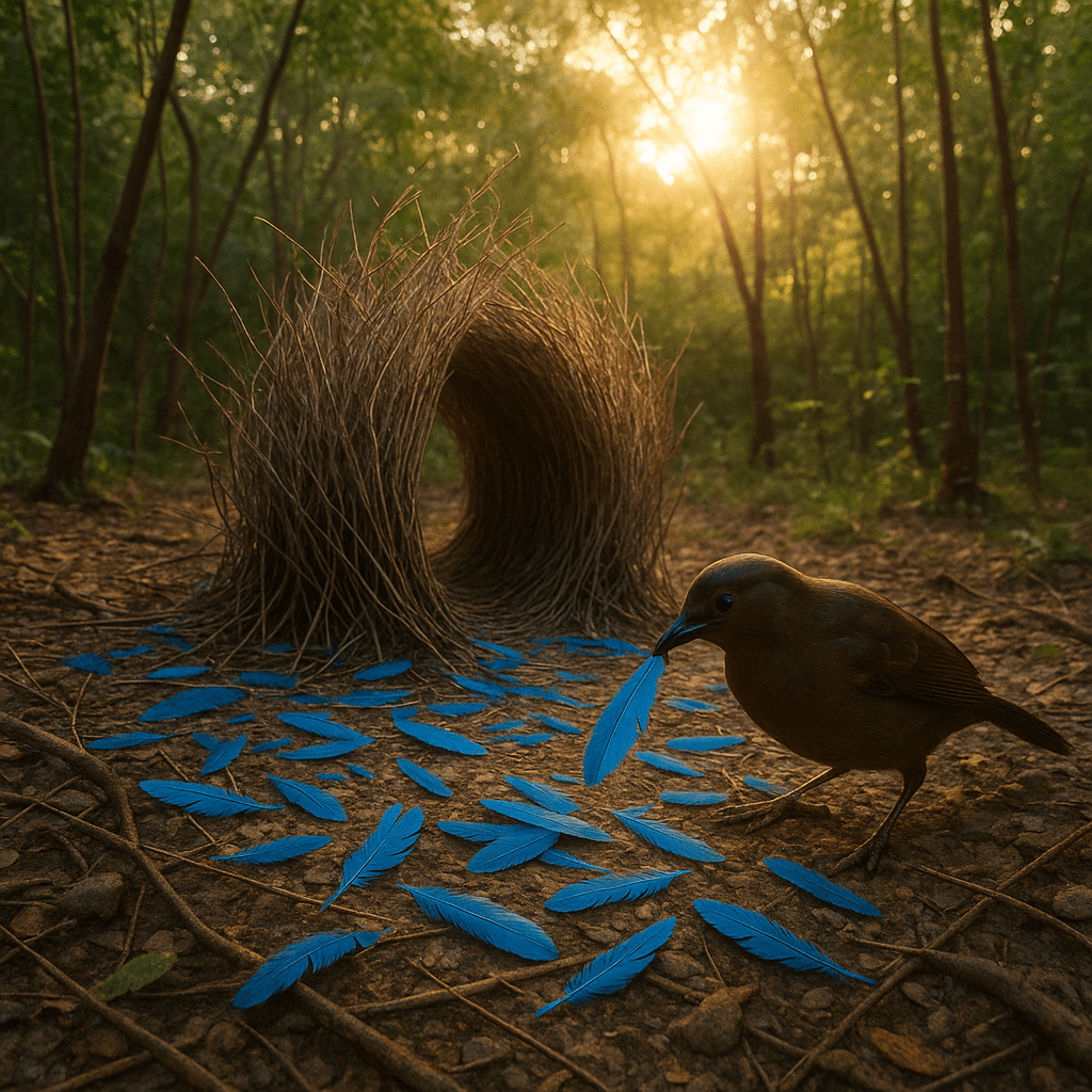 Oiseau jardinier décorant son nid de baies bleues