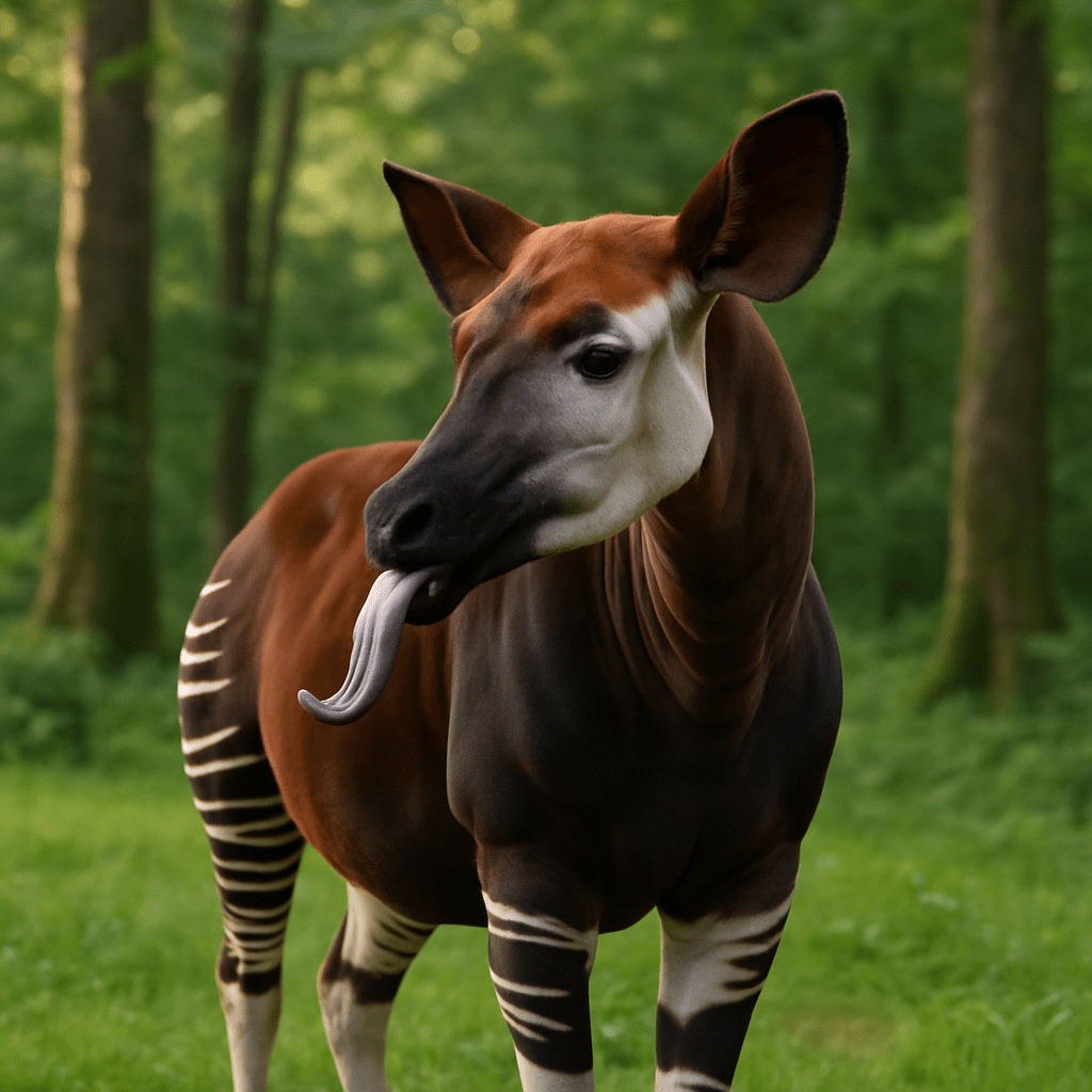 Okapi utilisant sa longue langue pour se nettoyer les oreilles