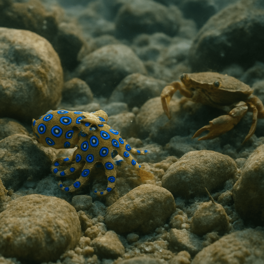 Pieuvre à anneaux bleus en plongée