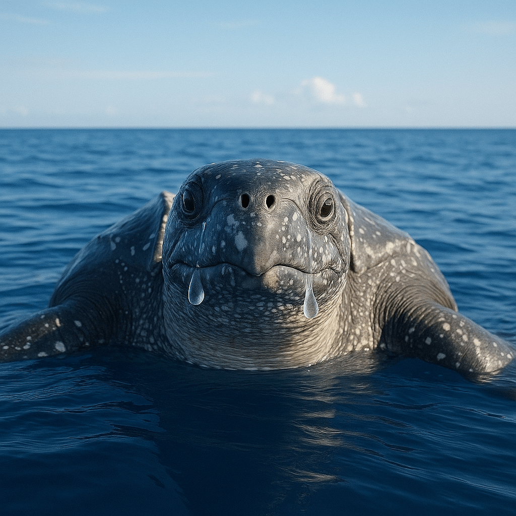 Tortue luth en mer pleurant pour évacuer le sel