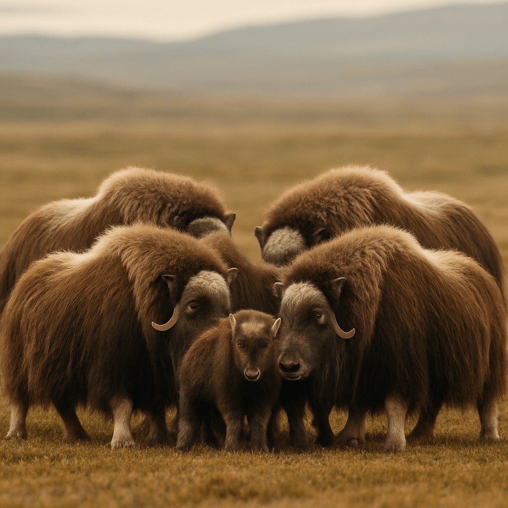 Groupe de bœufs musqués formant un cercle de défense