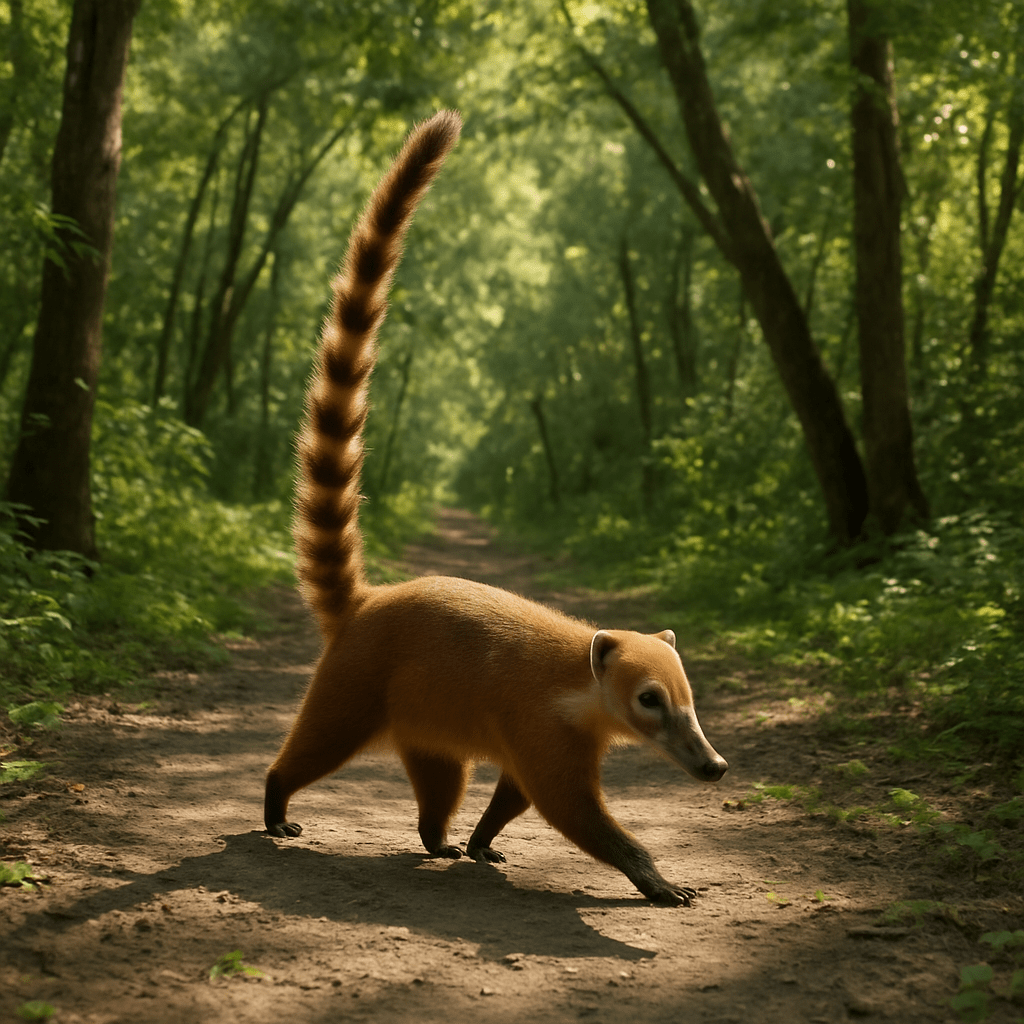 Coati perché sur un arbre, sa queue balance pour maintenir l'équilibre