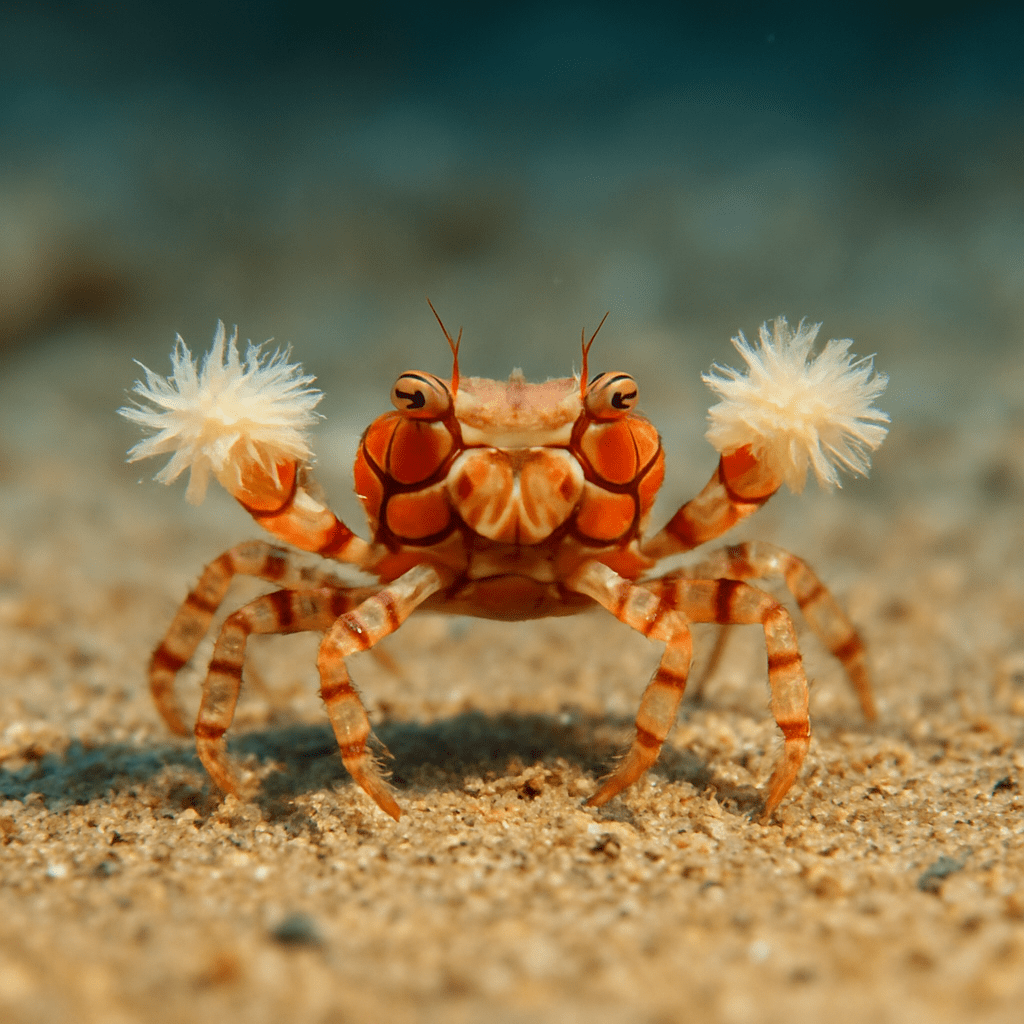 Crabe pom-pom boxant avec des anémones