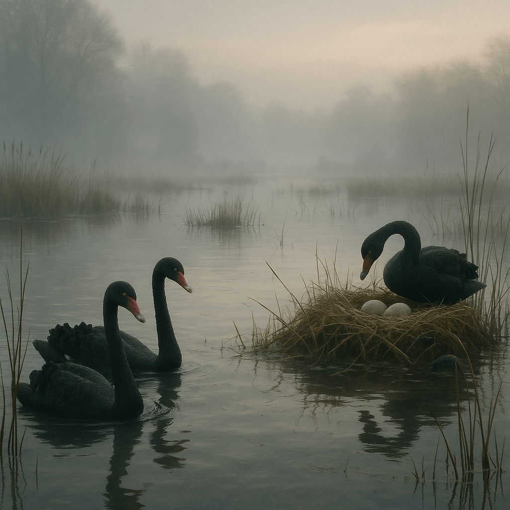 Cygne noir volant près d'un nid