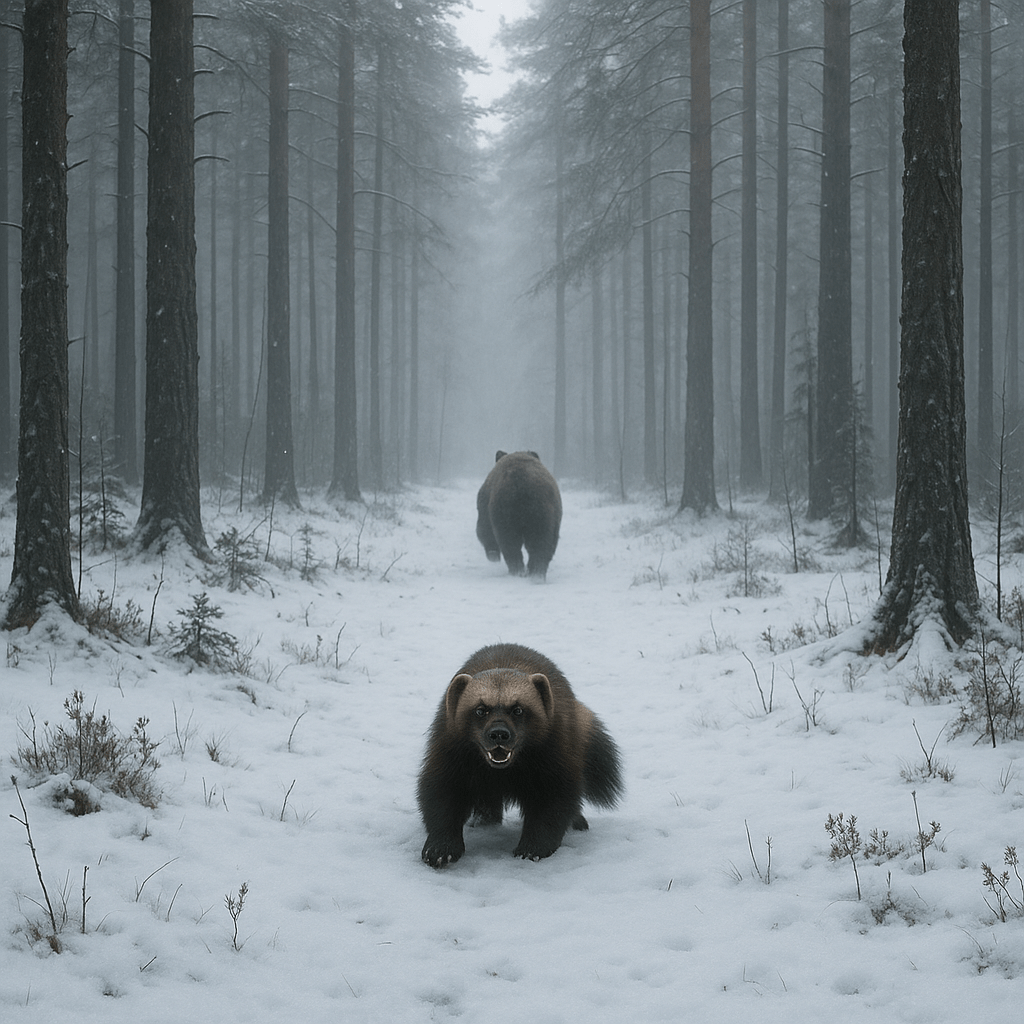 Gros plan sur un glouton face à un ours