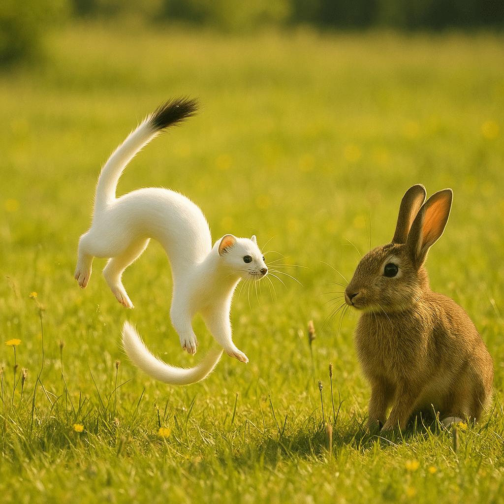 Hermine dansant pour hypnotiser un lapin